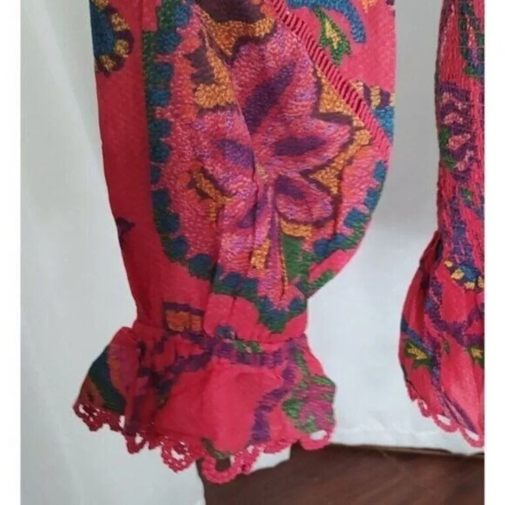 FARM Rio Mini Dress M Tapestry Tropical Smocked Ruffle…Blush Pink Sunset - Picture 11 of 16